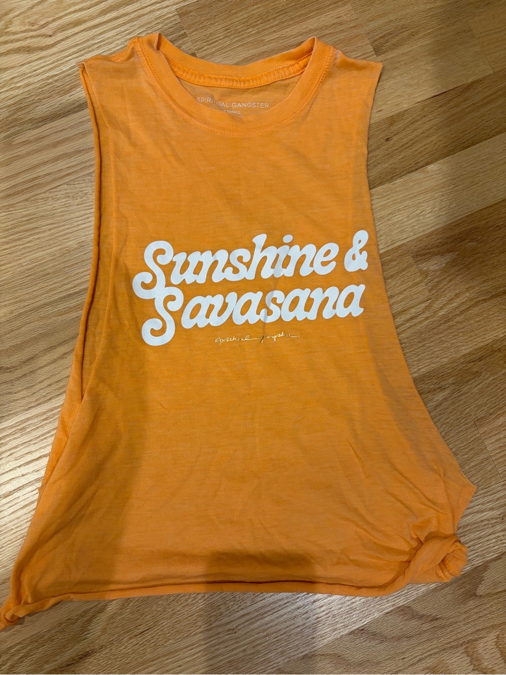 Spiritual Gangster Orange Muscle Tee with White 'Sunshine & Savasana' Graphic